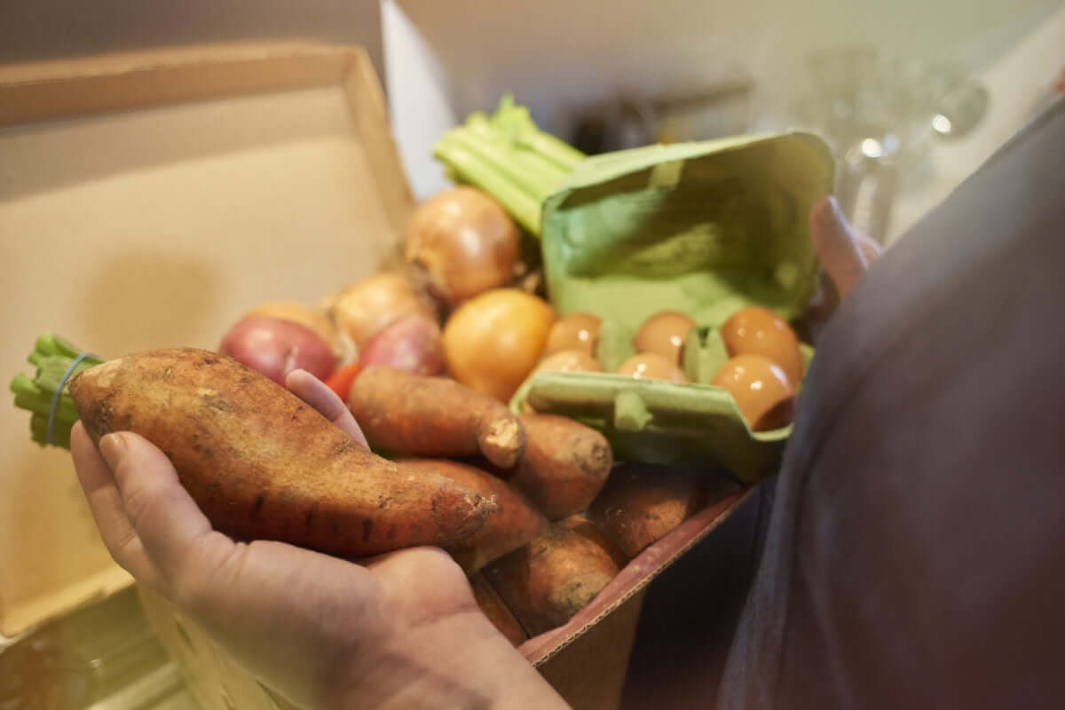 lady holding box of fresh vegetables