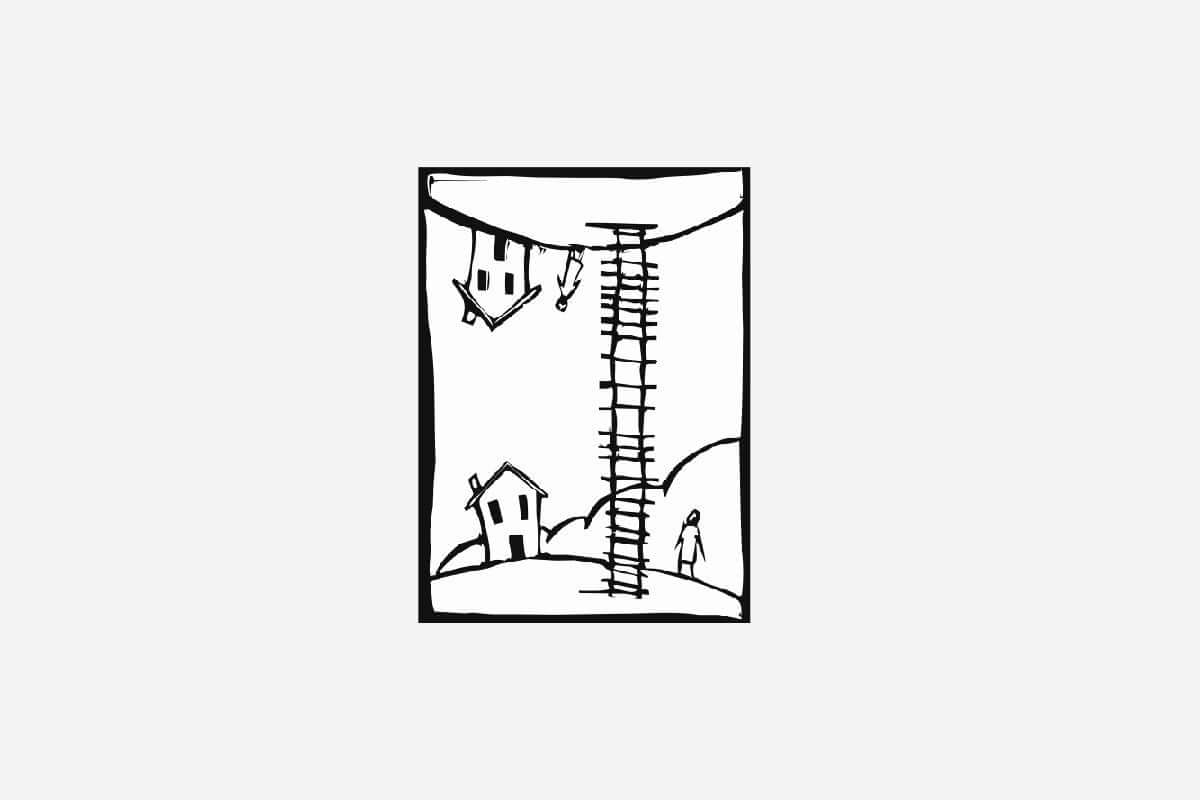 pencil drawing of a mirror image and ladder