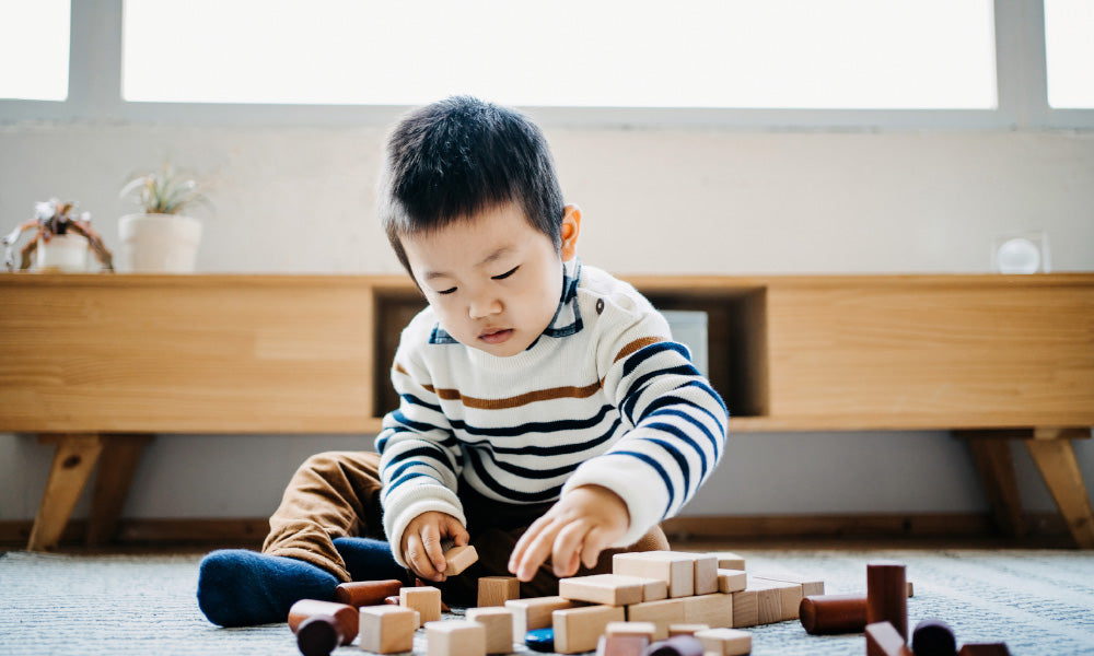 boy playing with building blocks