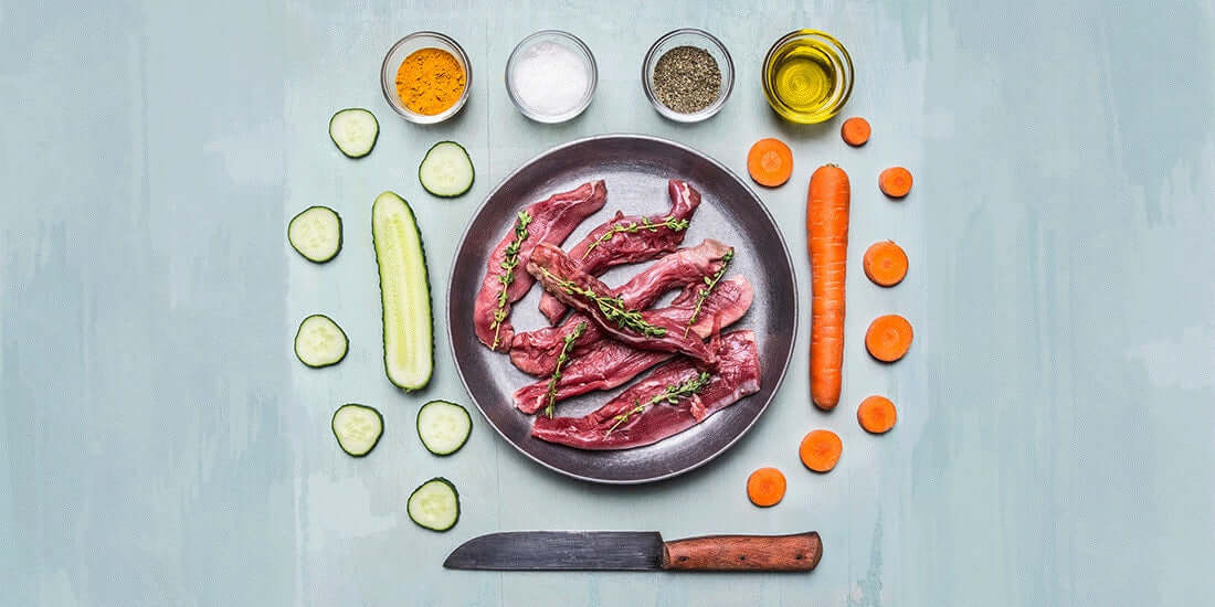 meat in pan surrounded by ingredients
