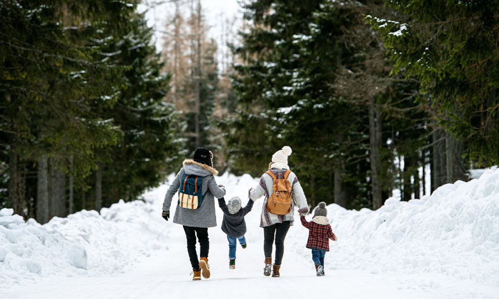 family waling in the snow