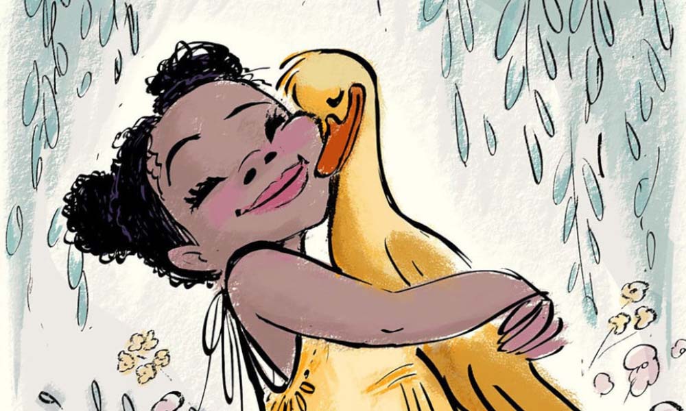 girl is hugging a duck