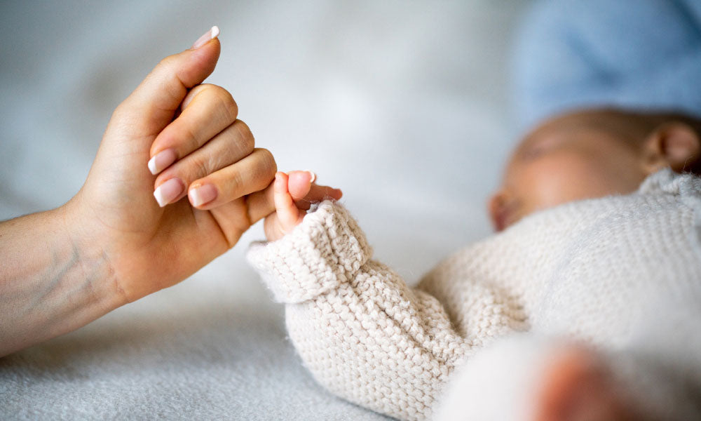 adult hand holding newborn baby's hand
