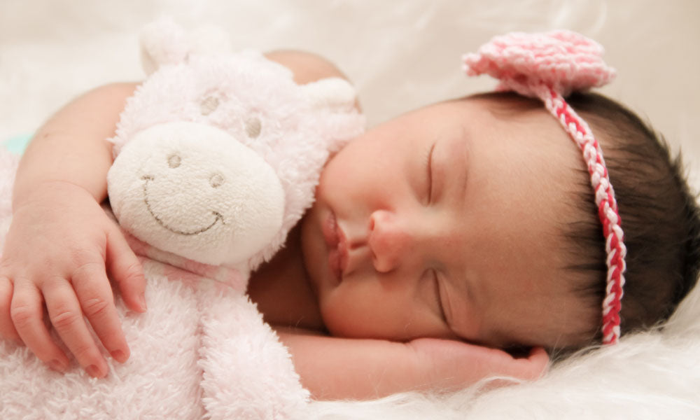 sleeping baby with stuffed animal