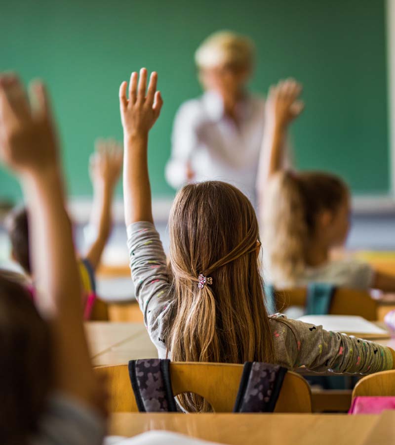elementary students raising their arms on a class