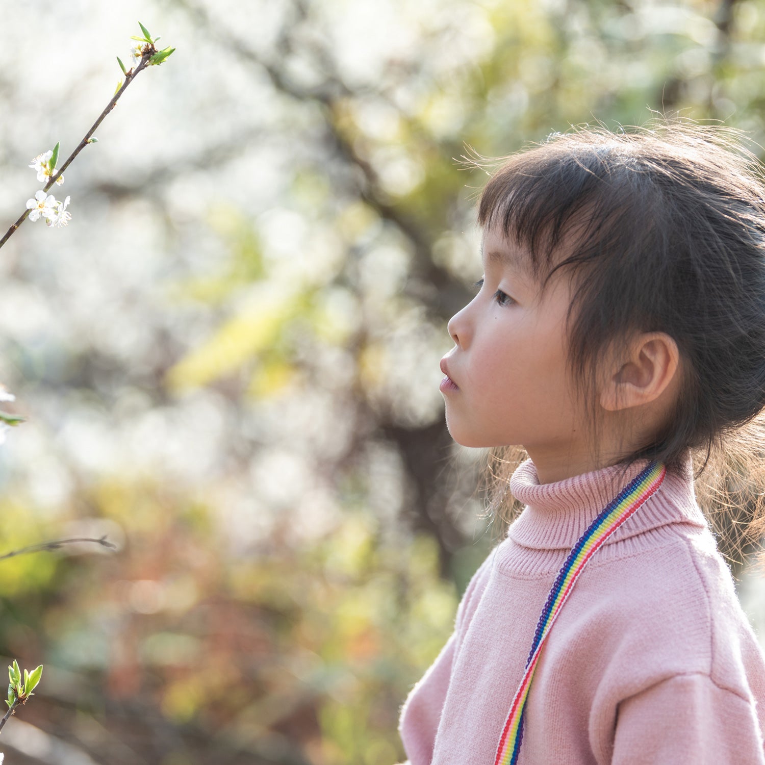 Young girl in a pink sweater looking at a tree branch with flowers outdoors